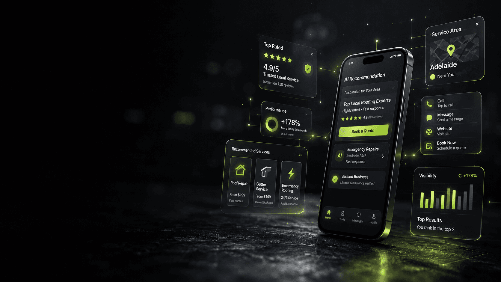 AI recommendation interface showing local business visibility and performance metrics