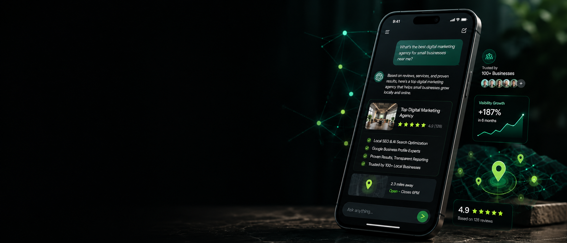AI chat interface recommending a local business on a smartphone